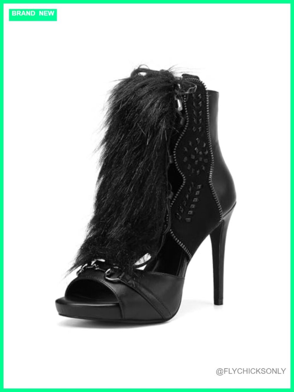 Faux Fox Fur Trim High Heel Ankle Boot Sandals Cutout Leather Lace Peep Toe